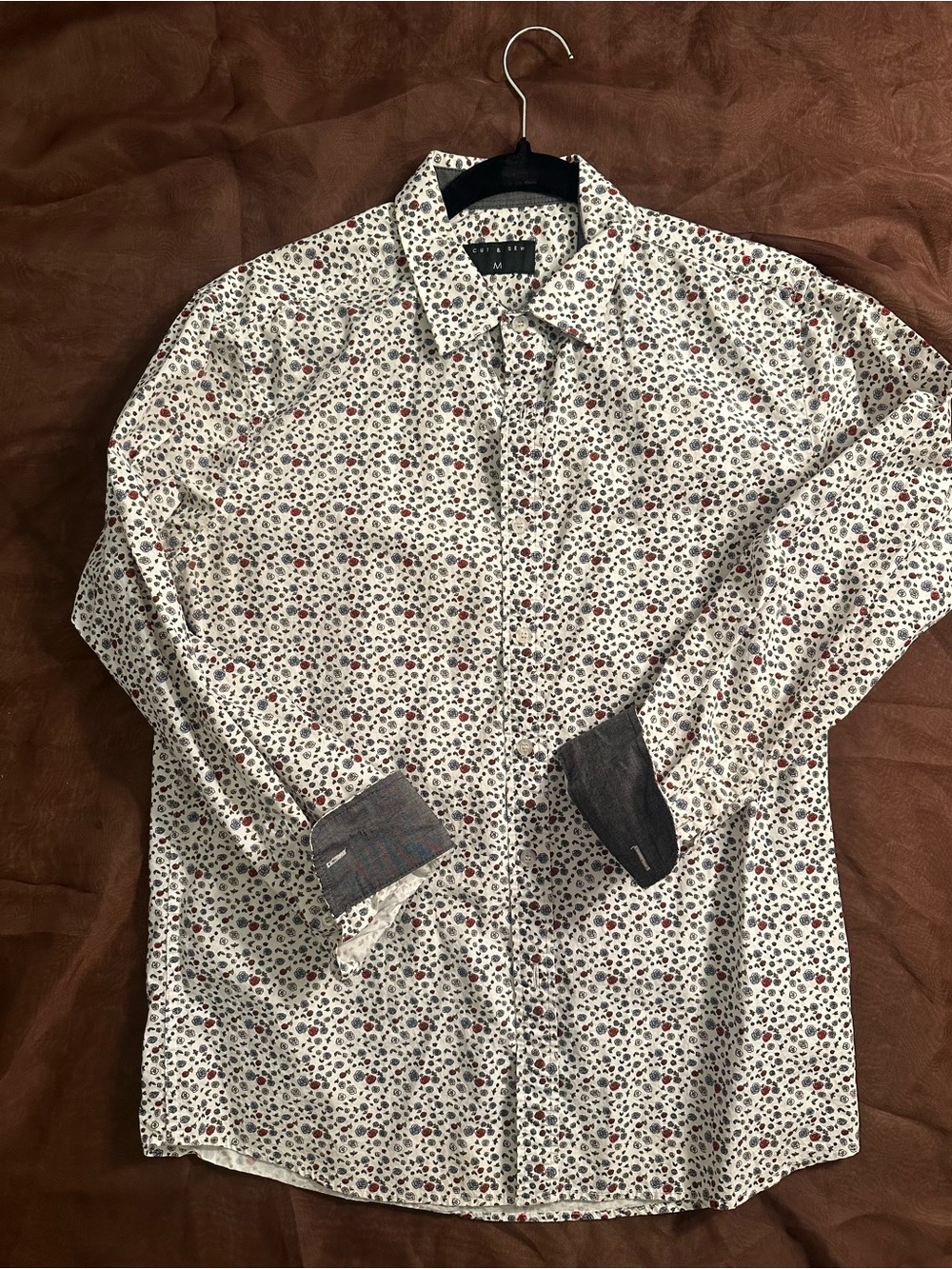 Men's White Floral Button-Down Shirt with Red & Black Accents